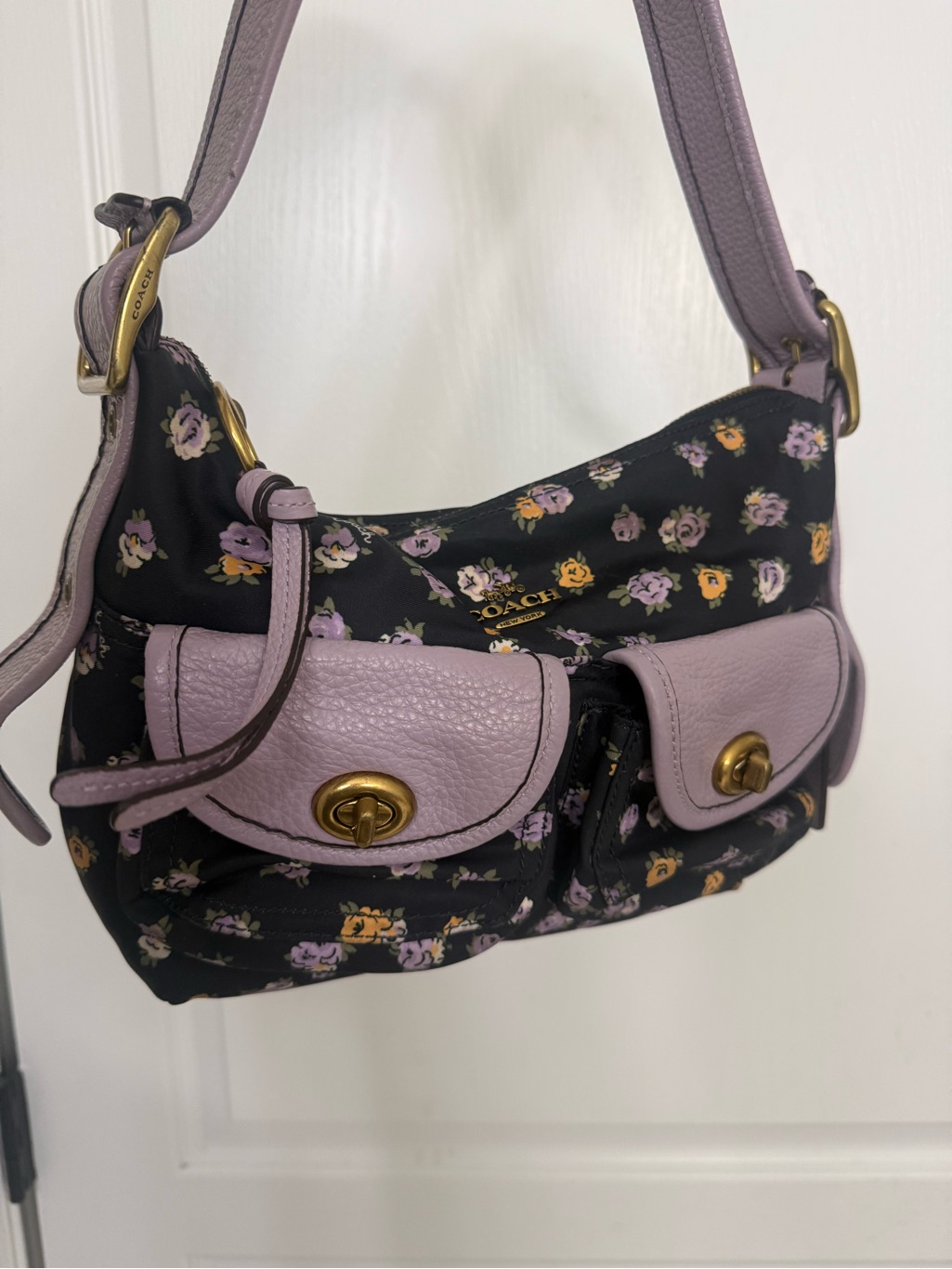 Vintage Coach Shoulder Bag Black Nylon Rose Print Lavender Leather No.A2022 596